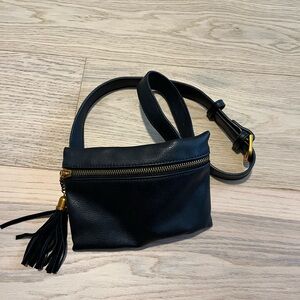 Black Faux Leather Belt Bag – Gold Zip, Tassel Detail, Adjustable